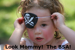 Little girl with an eye patch with a caption, "Look Mommy! The BSA!