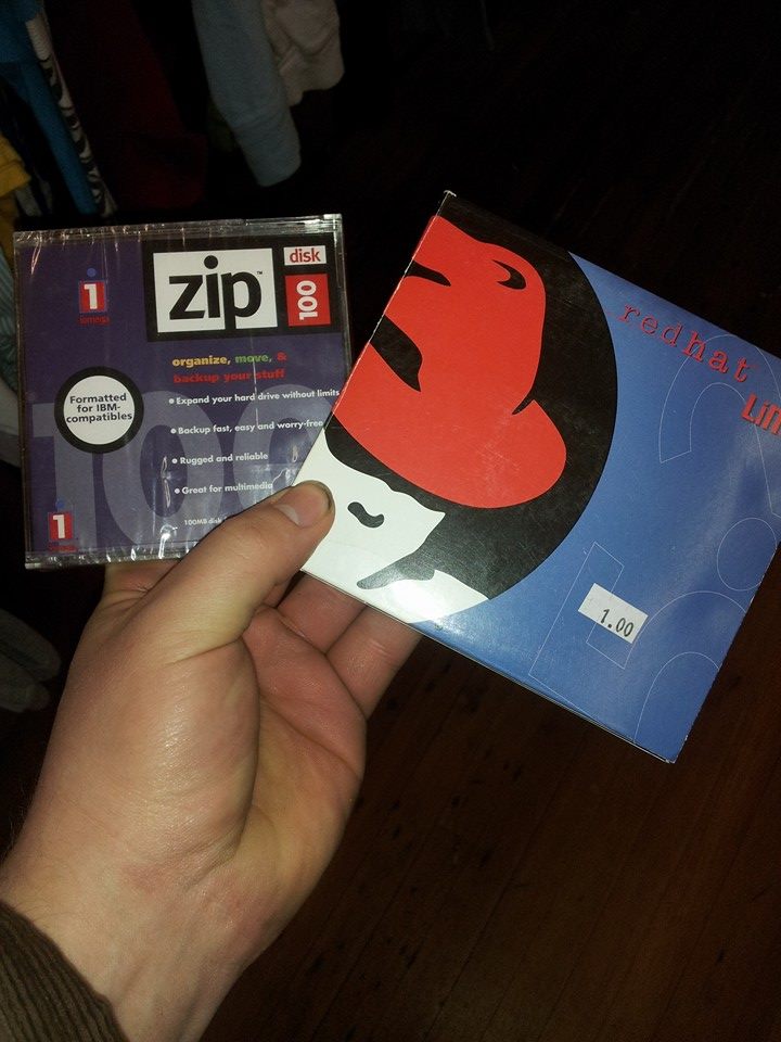 An unopened Zip disk and Red Hat 5.2